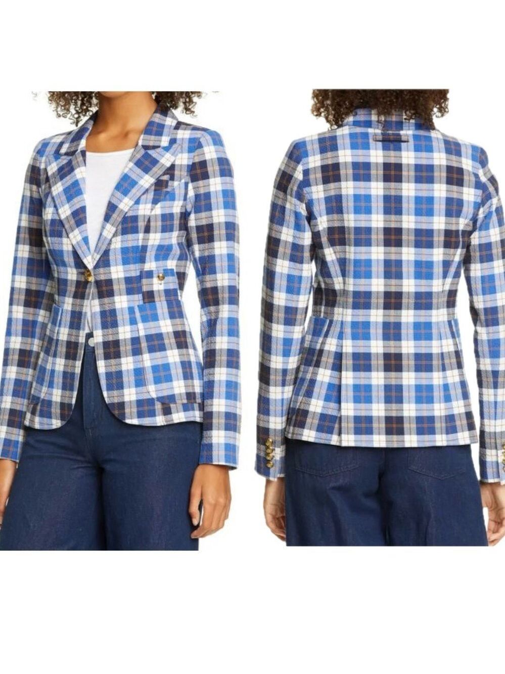 Smythe Patch Pocket Duchess Blazer in Blue & White Plaid Sz 4 NWOT preppy classy